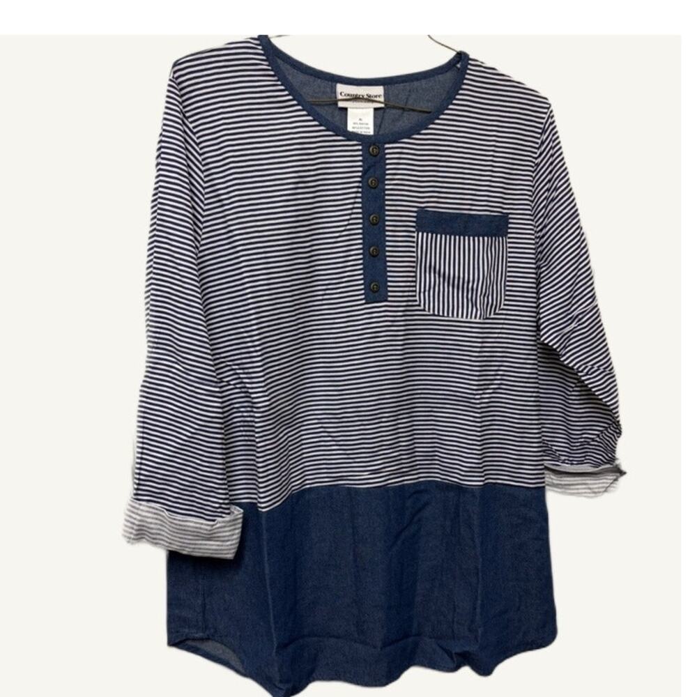 Country Store XL Denim Striped Henley Tunic Top - Blue & White Casual